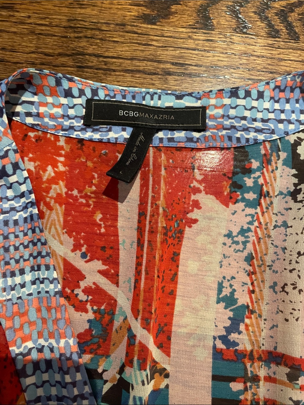 BCBGMaxAzria Red, Teal, Blue & Cream Midi Wrap Dress - 100% silk - Picture 6 of 10